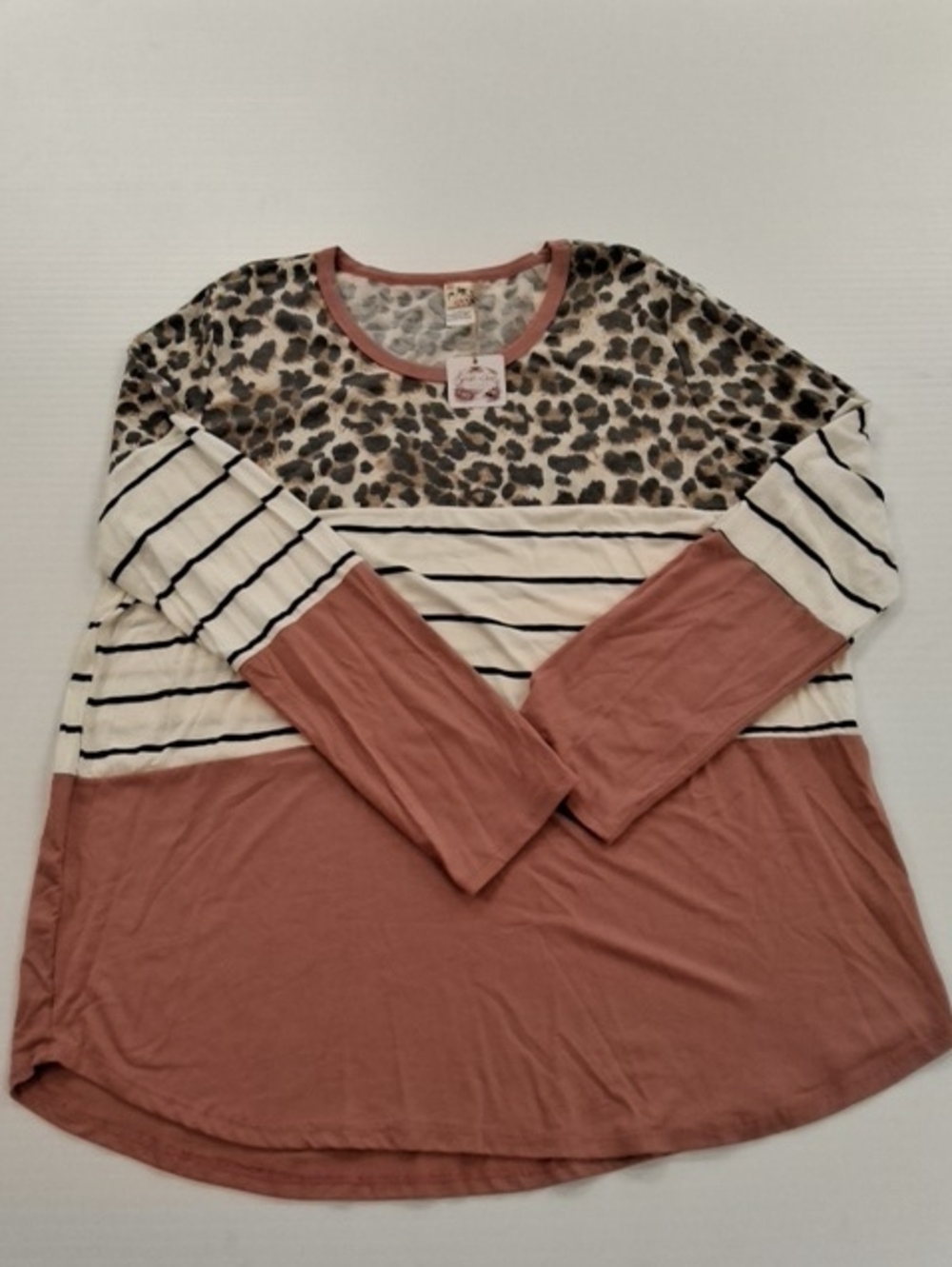 3X Boutique Leopard & Stripe Shirt- Dusty Rose